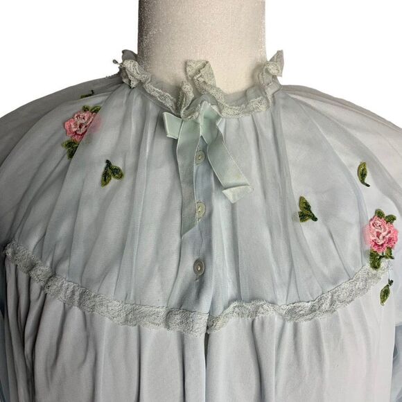 Vintage 50s Peignoir Robe Dressing Gown Lingerie M Blue Nylon Chiffon Lined - Picture 3 of 10